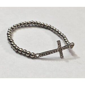 Vintage SilverTone Beaded Stretch Bracelet Clear Rhinestone‎ Cross Pendant Charm